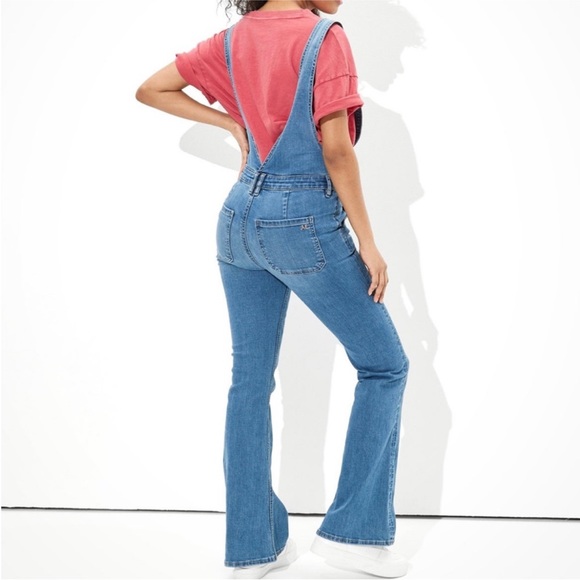 American Eagle Stretch Flare Jean Denim Overalls Front Zip Retro Vibe Size 8 - Picture 4 of 16